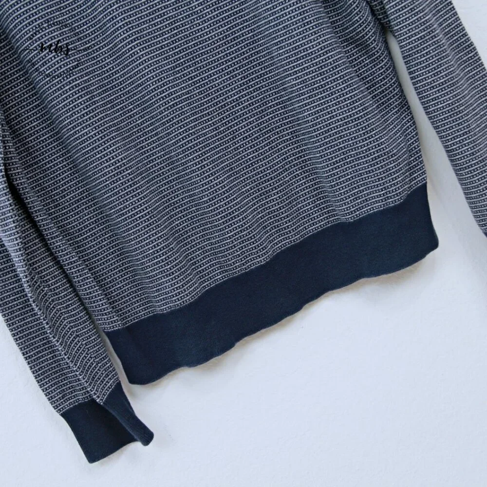 J. Crew Cotton Striped Bird's Eye Stitch Sweater Navy White‎ L